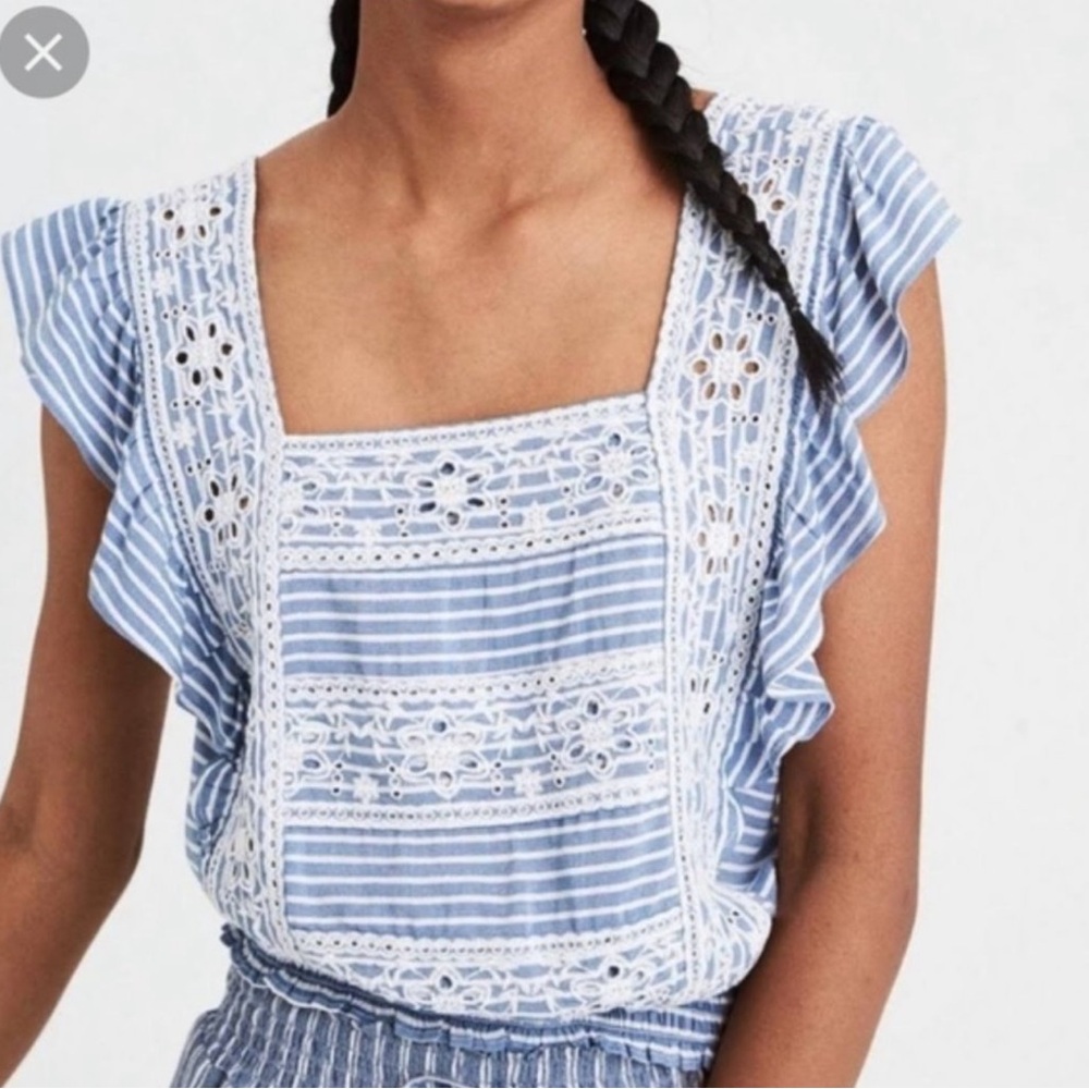 Women's American Eagle Crop Top Shirt blue stripe Lace Crochet wide strap Small